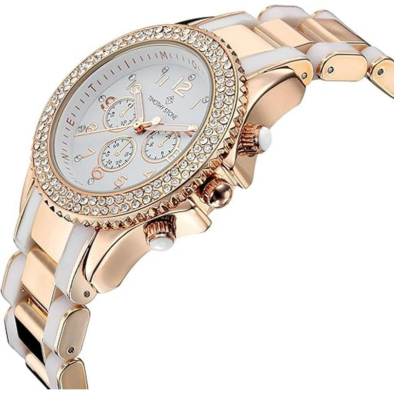 Women s Amber Crystal Two Tone Stainless Steel Boyfriend Watch 39mm by Timothy Stone A 036 GDBK