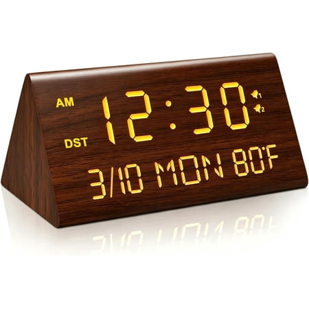 Wooden Digital Alarm Clock, 0-100% Dimmer, 2 Alarm Settings, Weekday/Everyday Mode, 9 Mins Snooze, 12/24H, Temperature and Date Display for Office, Travel, Bedroom Alarm Clock (Brown)