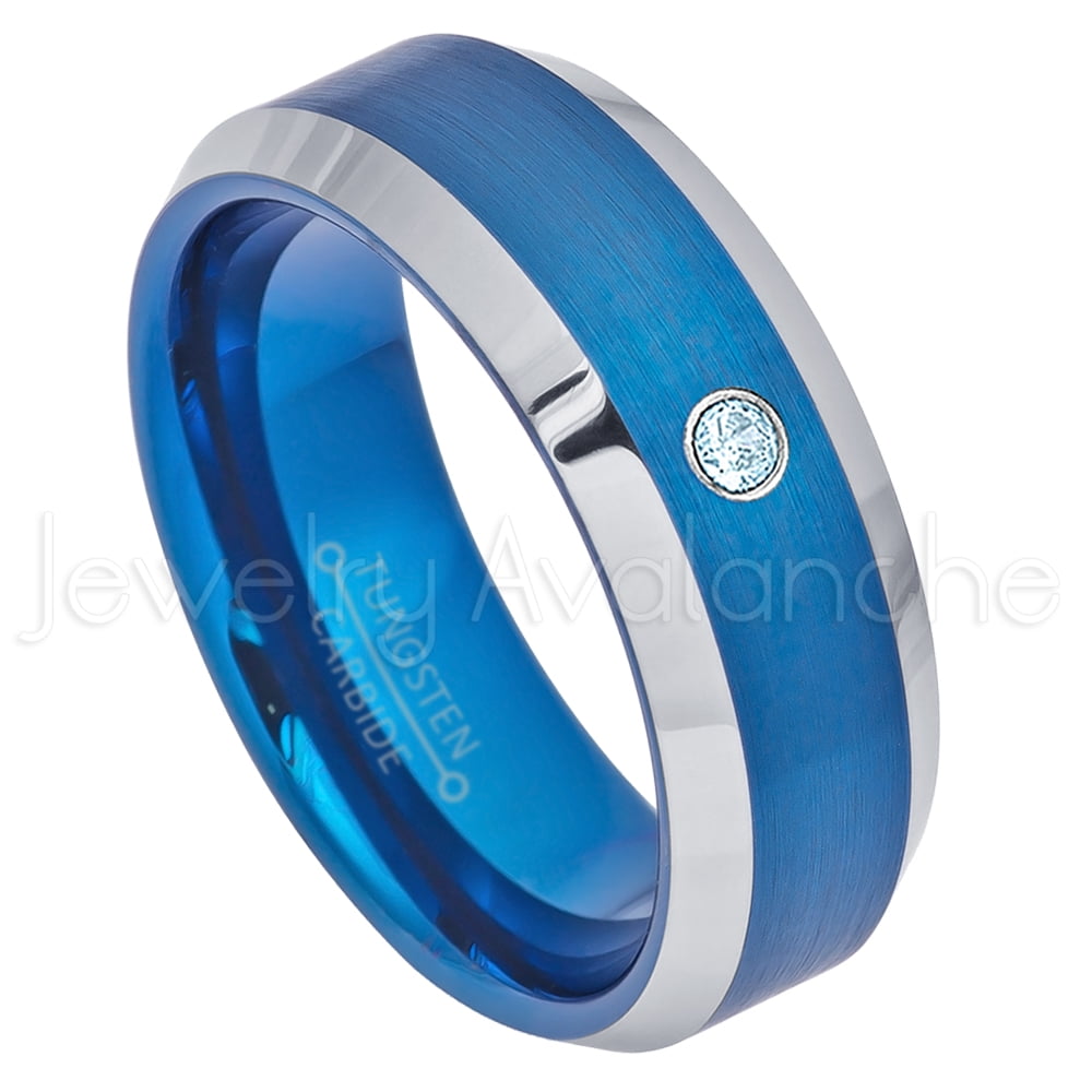 2Tone Beveled Blue IP Tungsten Ring 0.07ct Solitaire Topaz Ring