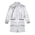 thumbnail image 3 of TiaoBug Kids Boys Girls Jazz Dance Costumes Shiny Metallic Long Sleeves Outerwear And Dance Shorts Sports Set Silver 10, 3 of 5