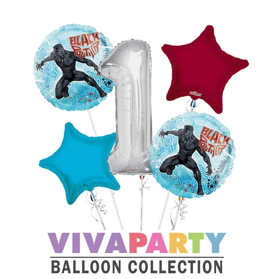 Black Panther Round Balloon Bouquet 5 pc, 1st Birthday, Silver Number 1 Jumbo Balloon | Viva Party Balloon Collection