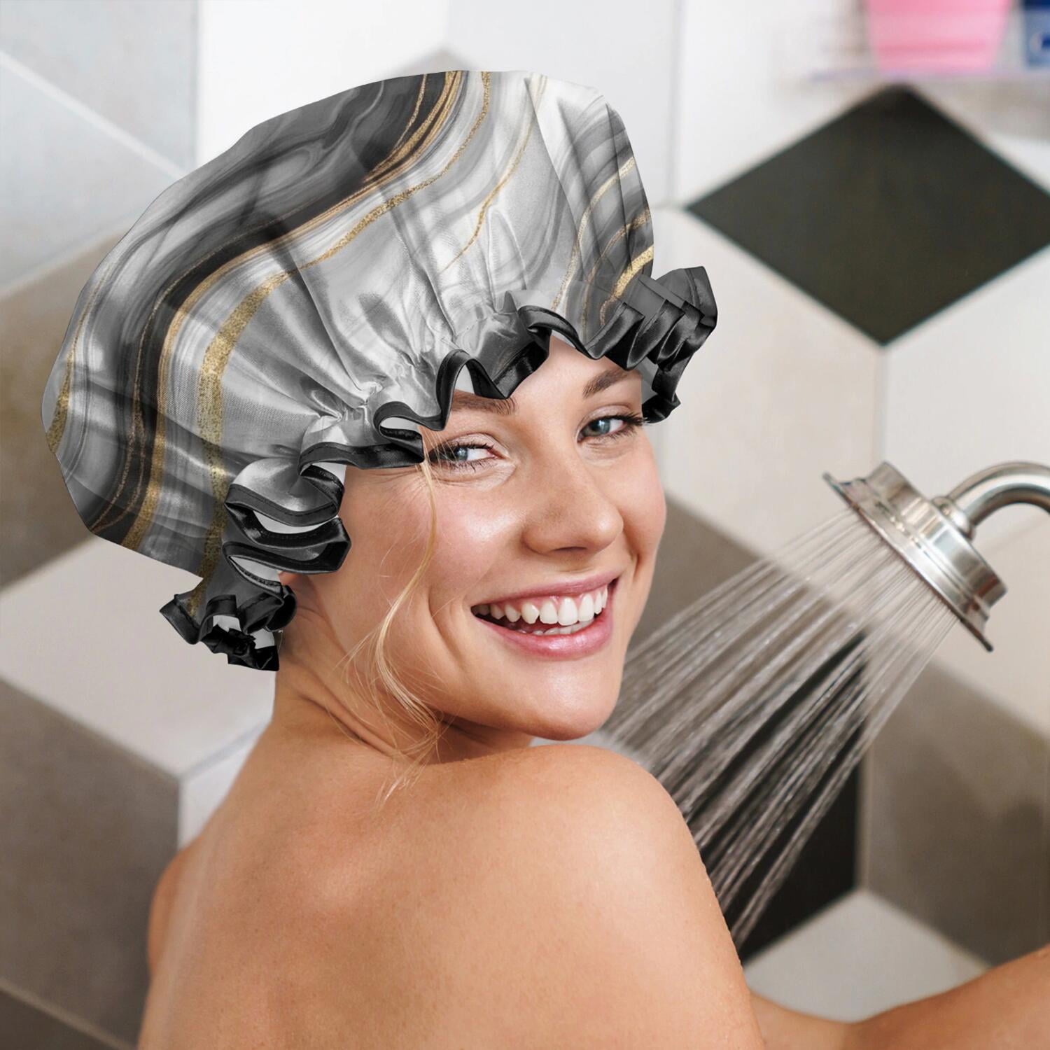 Shower Caps,Gray White Marble Gold Wave Pattern Waterproof Shower Cap for Women 4 Pieces,Double Reusable Hair Cover for Shower PEVA Elastic Stretch Hem