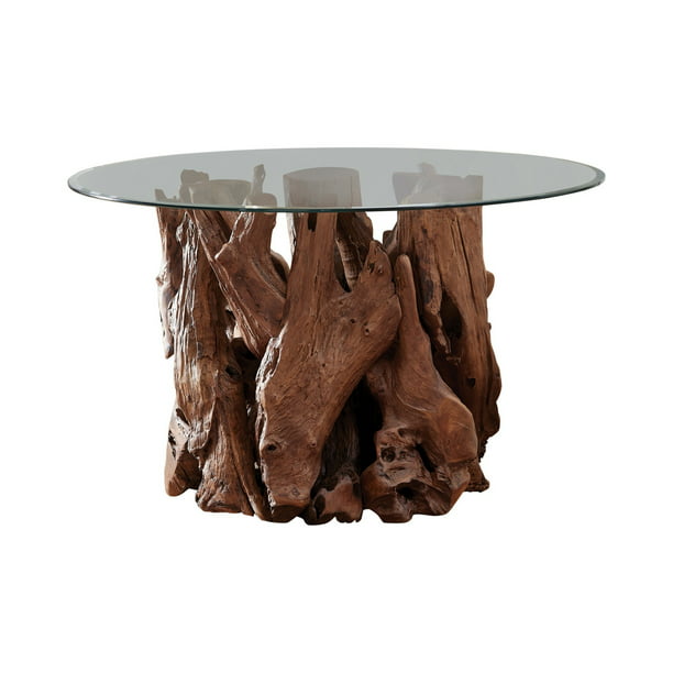 Wooden Tree Bark Design Dining Table, Round Glass Dining Table With Tree Trunk Base