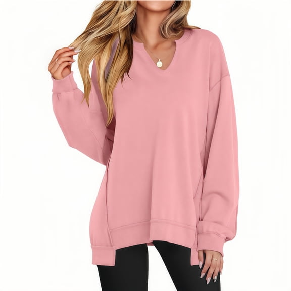Women's Plus Size V-Neck Pullover Pink Sweatshirt - Casual Oversized Long Sleeve Top, Solid, Spring/Autumn/Winter, S-2XL