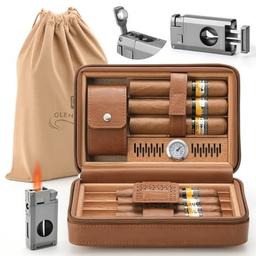 GLENCREAG Portable Travel Cigar Humidor Case, Leather Cedar Wood Cigar Case with Cigar V Cutter & Lighter, Built in Hygrometer & Humidifier, Velvet Storage Bag Included