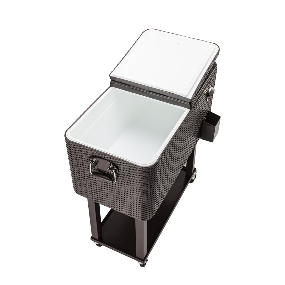 Ice Chest on Wheels with Shelf, 80 Quart Rolling Cart with Bottle Opener and Drain Plug, Portable Bar Drink Cooler, Outdoor Beverage Incubator for Patio Poolside Camping Party, Brown, D7205
