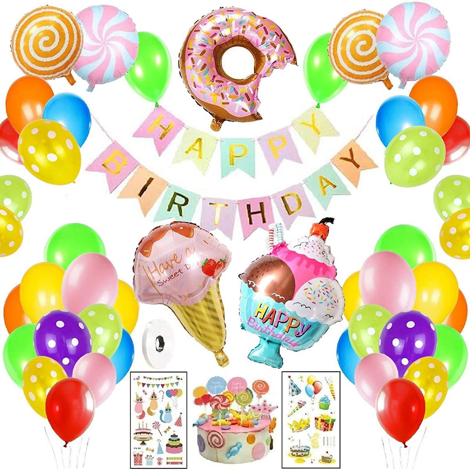 Donut Birthday Party Decorations, Donut Grow Up Party Supplies, Happy Birthday Banner Balloons, Donut Foil Balloons, Paper Pom Poms Flowers for kids Donut Baby Shower Candy Party Decorations