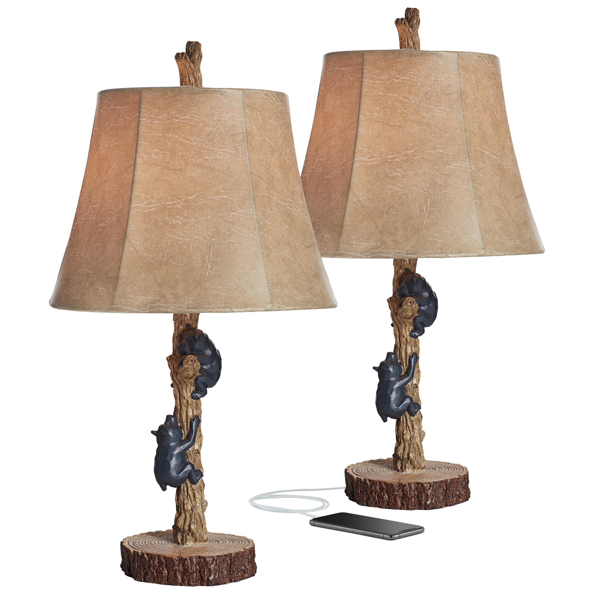 John Timberland Climbing Bears 22 1/2" High Small Rustic Style Accent Table Lamps Set of 2 USB Port Brown Wood Finish Charging