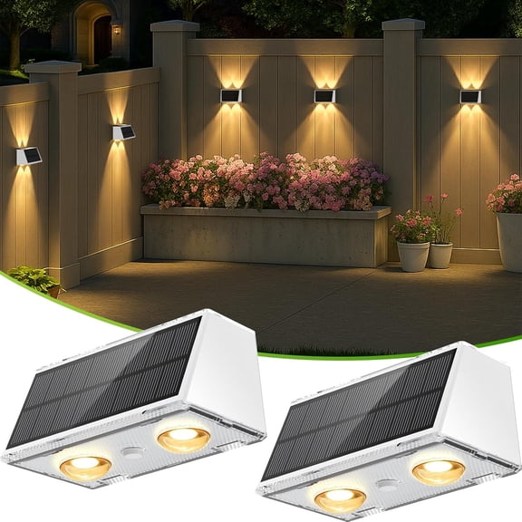 Solar Fence Lights 2 Pack, Solar Powered Lights Outdoor Waterproof, 9-Mode Warm/Cool White & RGB Up-Down Led Spot Wall Lights Dusk to Dawn Decor for Backyard, Deck, Patio, Pool, Railing(White)