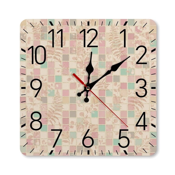 RKSupls 10×10inch Square Silent Wall Clock Wooden Frame, Patchwork Fern Grid Scale Decorative Clock for Home Bedroom Living Room Office