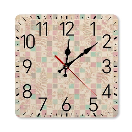 RKSupls 10×10inch Square Silent Wall Clock Wooden Frame, Patchwork Fern Grid Scale Decorative Clock for Home Bedroom Living Room Office