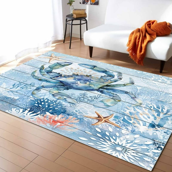 Area Rugs Indoor Non-Slip Rectangle Rug 4x6 Ft Blue Crab Rug Rubber Backing Floor Mats Non Shedding Home Decor Carpet for Entryway Living Room
