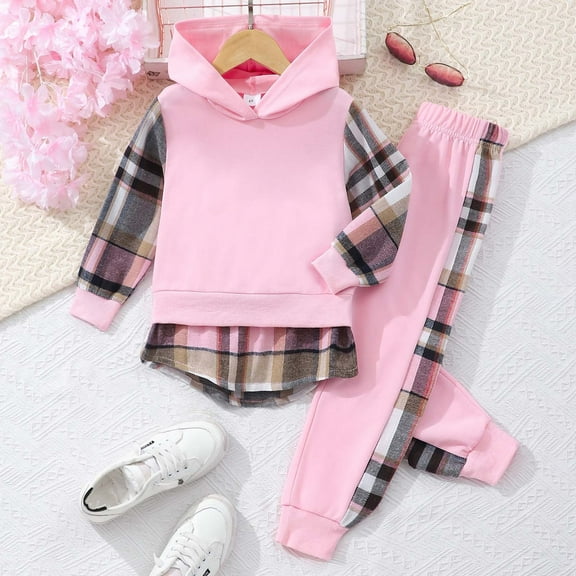 Brondbend Sweat Suits for Girls Hoodie for Girls', 2-Piece Long Sleeved Plaid Print Pullover Top with Elastic Waist Long Pants Set,Loose Fit for Fall Winter Play and Casual Outfits,Pink