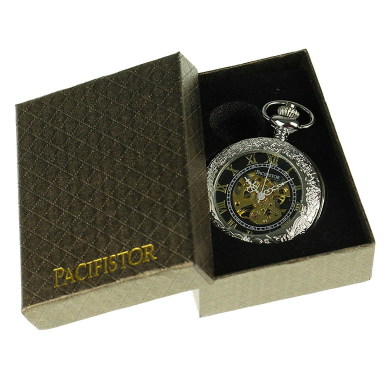 PACIFISTOR Pocket Watch Gold Roman Numeric Stainless Steel Case