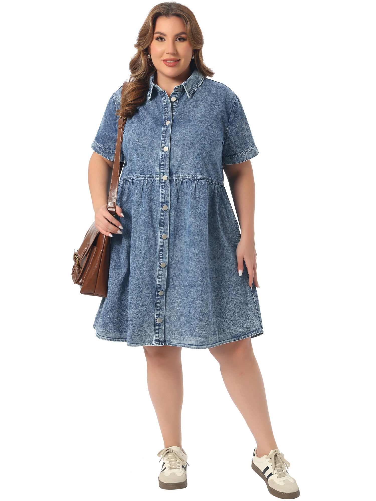 DARING DIVA Women's Plus Size Casual Denim Babydoll Pockets Dress 2X Blue Snow Wash