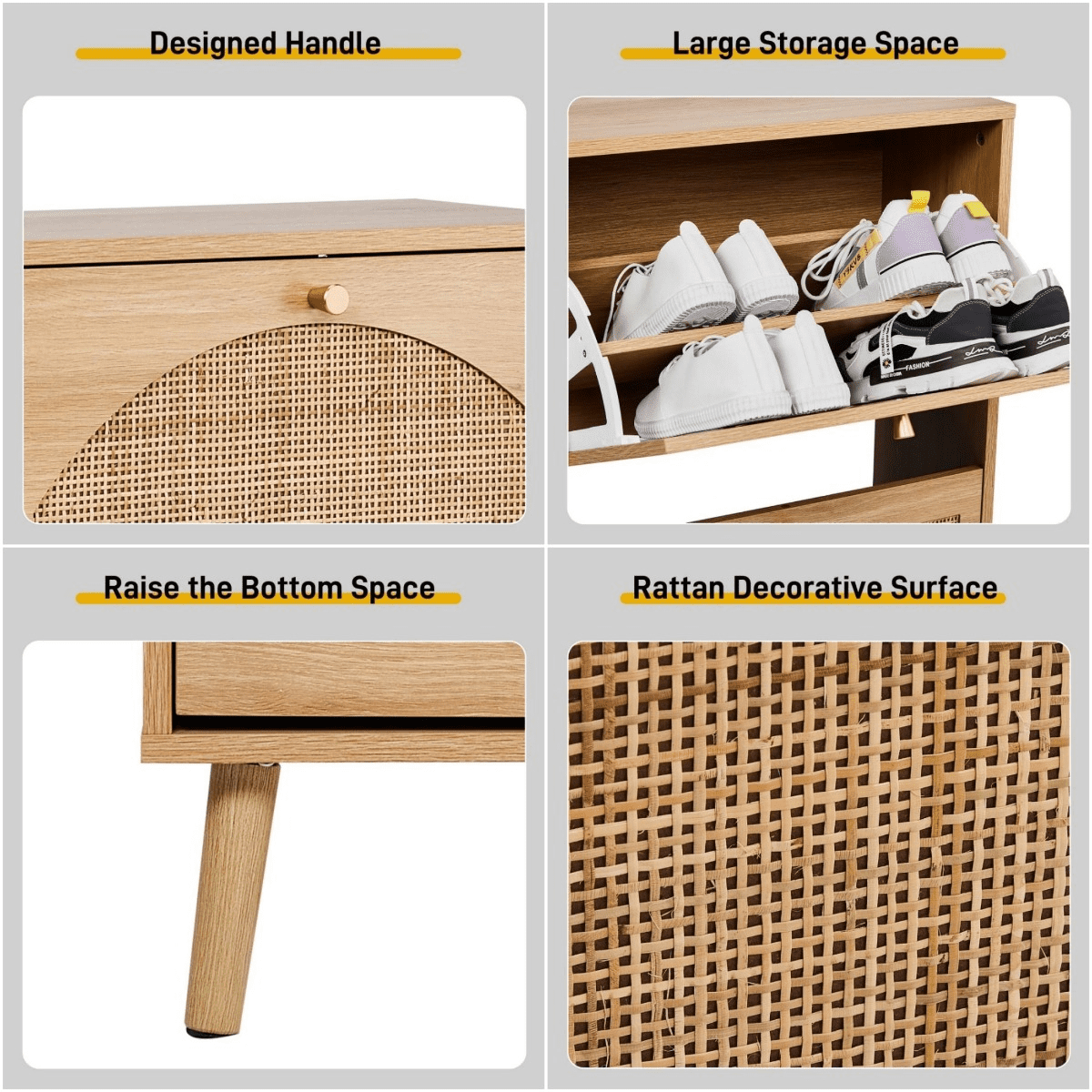 Hassch Natural Rattan Shoe Cabinet with 4 Flip Drawers, Freestanding Shoe Rack Storage Organizer for Entryway, Living Room, Small Space, 41.34"L x 9.45"W x 38.58"H