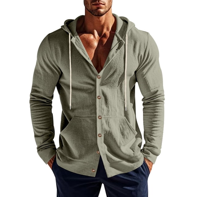 pstuiky manga larga de hombre, Camisas de manga larga con capucha y botones lisos y bolsillos informales de lino a la moda para hombre camisetas de hombre s