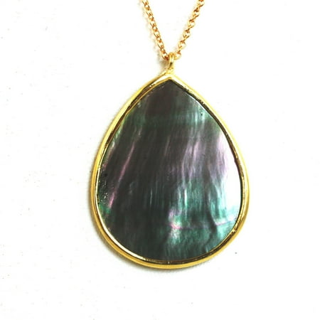 Zirconmania - Elegant Large Pear 2-Tone Shimmering Abalone Pendant On 30" Sterling Silver Vermeil Fine Chain