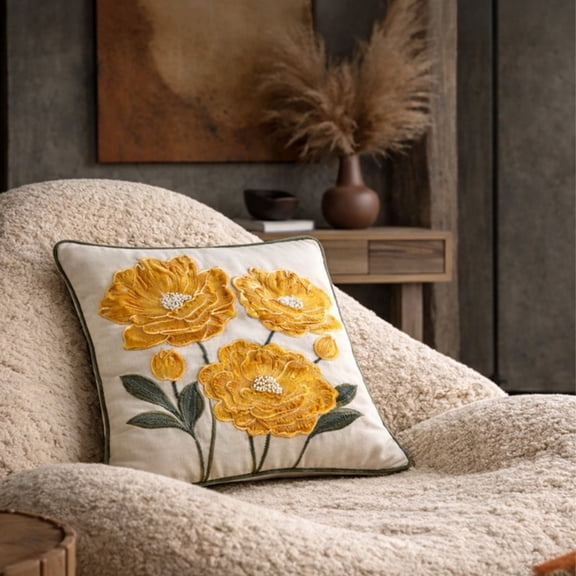 Botanic Charm - Golden Nectar Hand Embroidered Decorative Pillow Cover
