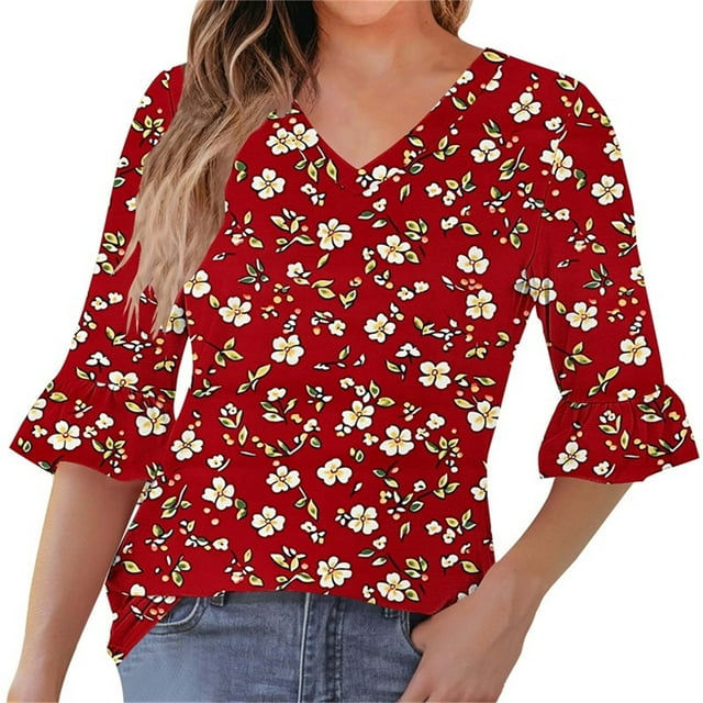 Blusa Tops para las Mujeres Impreso Cuarto de Manga V-Cuello Ruffle Top Poliéster, Blusa de Moda Casual para Toda la Temporada de Uso Diario