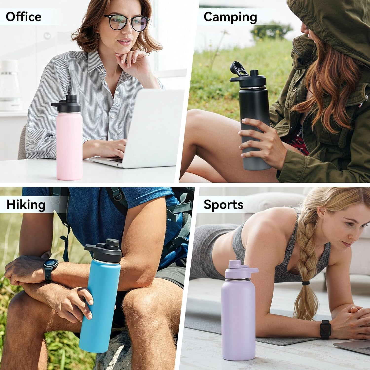 EP 32 oz Insulated Water Bottle with Handle, 304 Stainless Steel Water Bottles with Wide Mouth, Double Wall Vacuum Sports Water Bottle, BPA Free, Keep Cold and Hot, Black/Gray