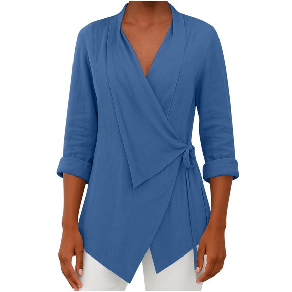 Womens Tops Linen Shirts For Women Trendy Soft Warp Long Sleeve Tops Casual Slim Summer Blouses Outfits T-Shirts For Women