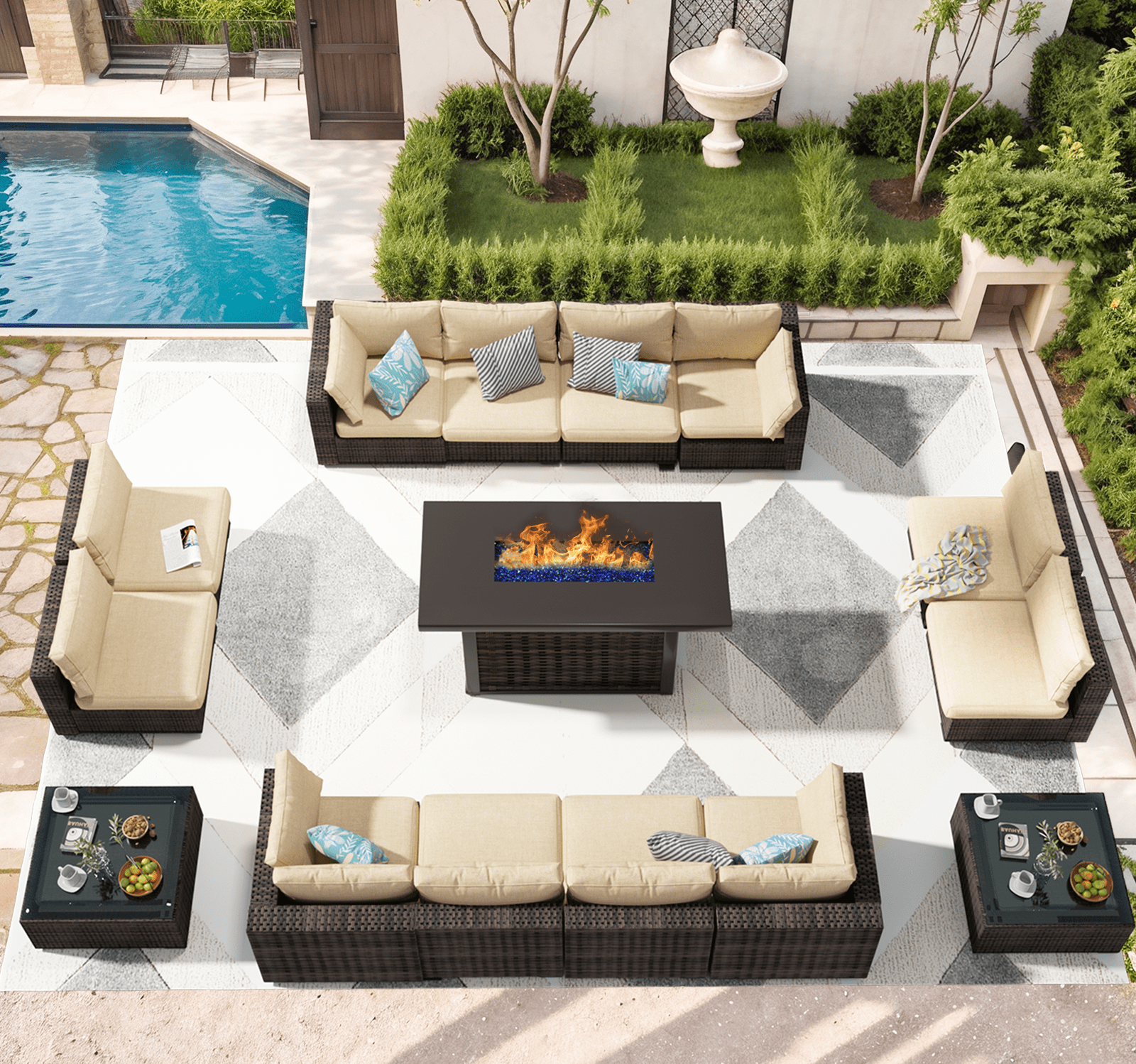 Grezone Patio Furniture Sets 15 Pieces Sectional Outdoor Furniture Sofa Chairs Set All Weather PE Rattan Wicker Couch Conversation Set Beige