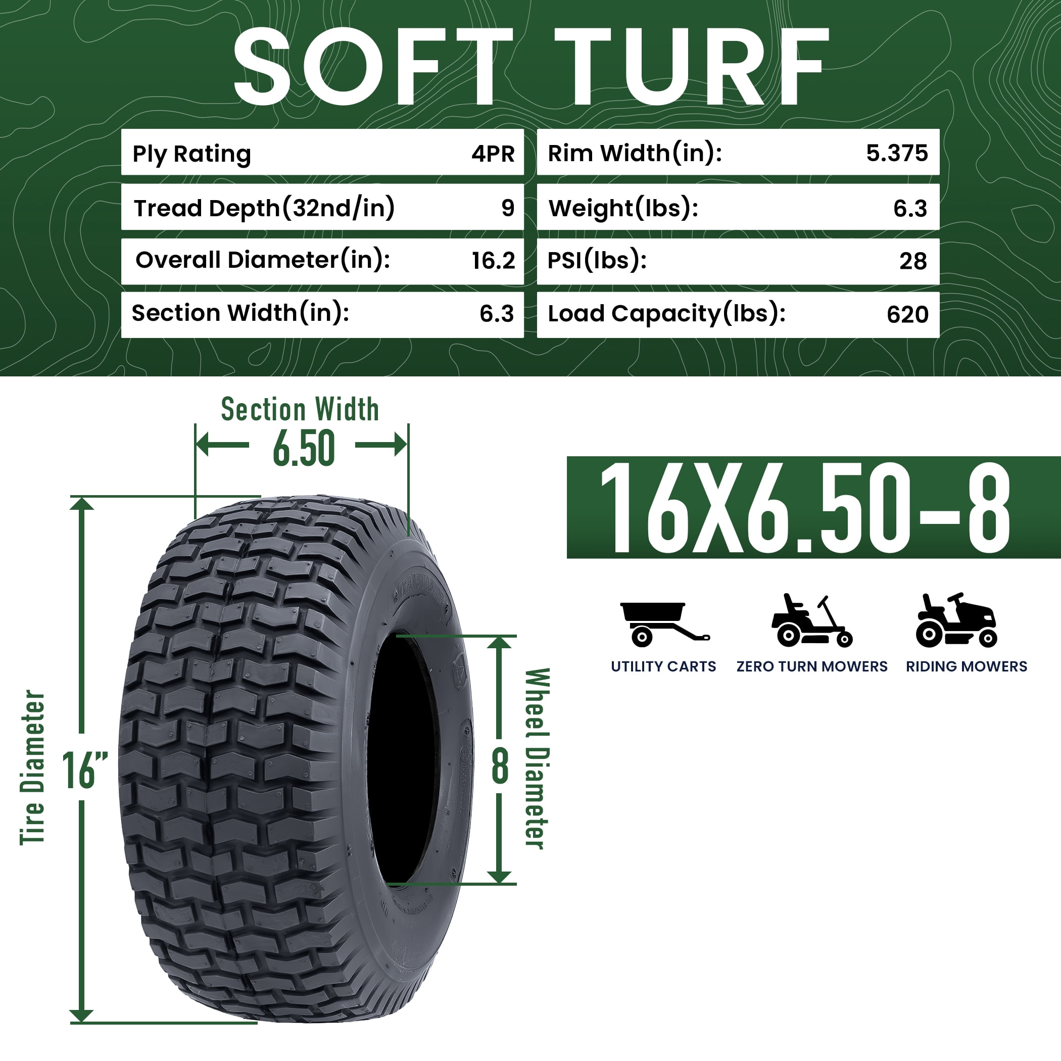 Greenball Soft Turf 16X6.50-8 4-Ply Rated Lawn and Garden Tire (Tire Only)