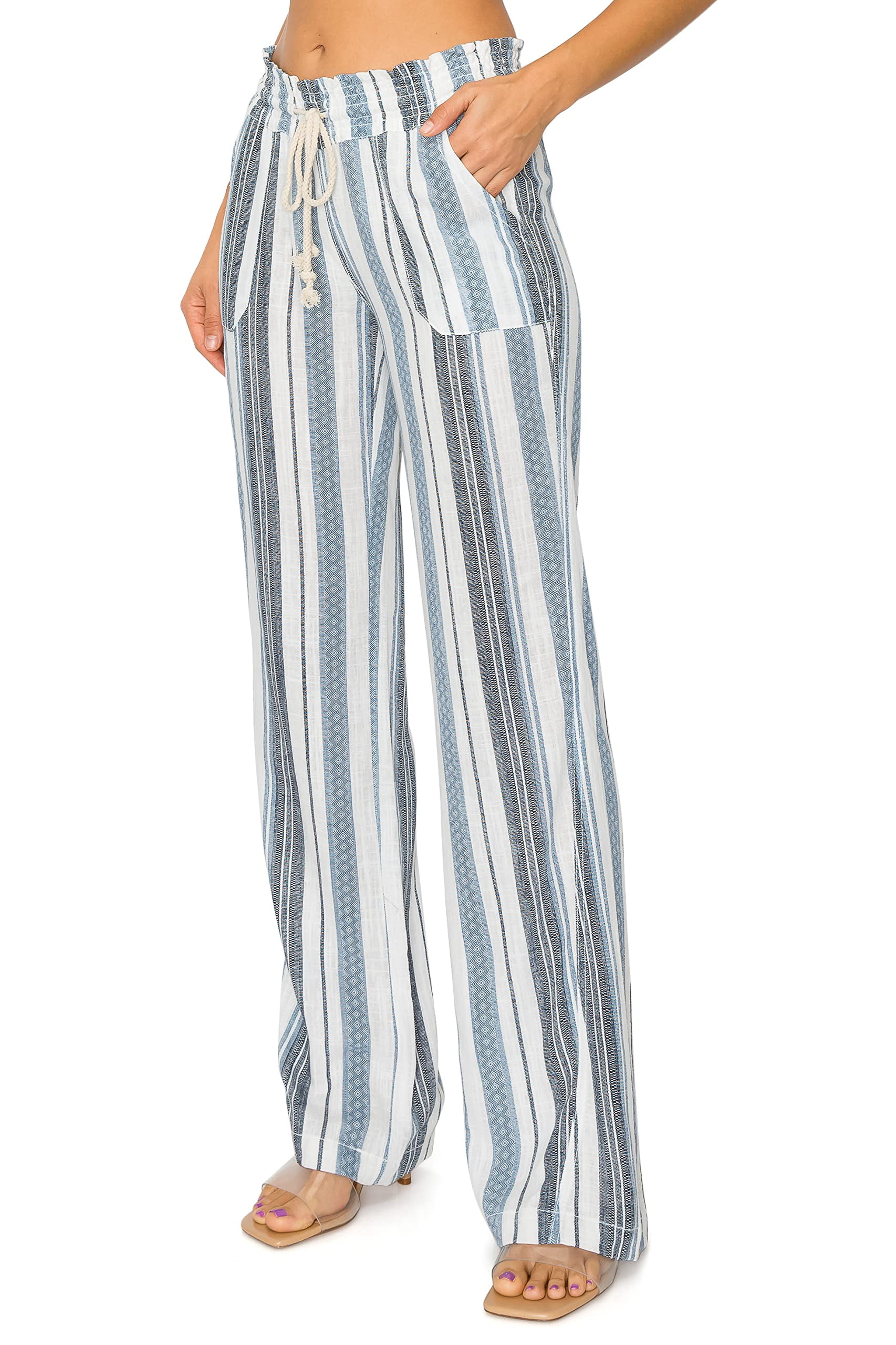 Cali1850 Women's Casual Linen Pants - 32 Inseam Oceanside Drawstring  Smocked Waist Lounge Beach Trousers with Pockets 7024X-LNN White 1X 