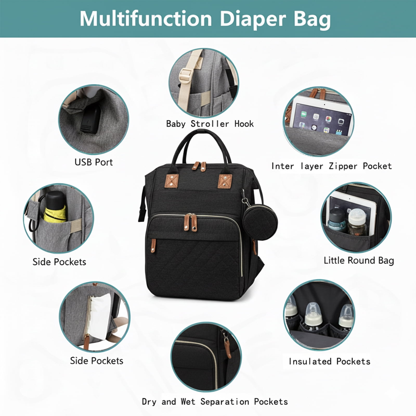 Oioane Baby Diaper Bag with Changing Station, Multifunctional Portable Backpack with USB Charging Port for Travel, Black