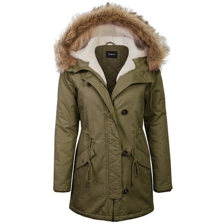 KOGMO Womens Long Anorak Coat Fur Trim Hoodie Jacket with...