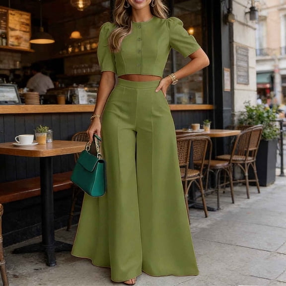 SOOMLON 2 Piece Skirt Set for Women Plus Size Dressy Puff Sleeve Button down Shirts Draped Culottes Green Matching Set