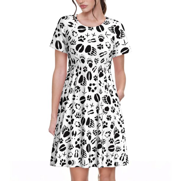 Balery Black Footprints Vestidos sueltos de manga corta para mujer, vestidos de verano 2025, vestidos casuales de corte A con vuelo.