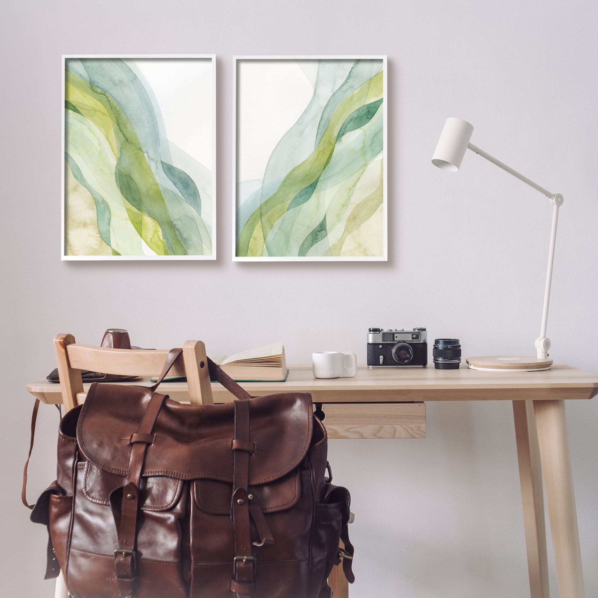 Stupell Industries Abstract Green Waves Abstract Painting White Framed Art Print Wall Art, 16 x 20, Set of 2