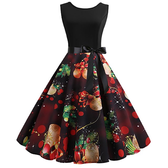 Pompotops Robe Vintage Sans Manches à Col en V pour Femmes, Soirée de Noël