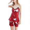 thumbnail image 1 of Women\'s Silks Satin Pajamas Short 2-piece Pajamas With Straps V-neck Sleep Shirt & Shorts Sweet2139 Wine RedM, 1 of 5
