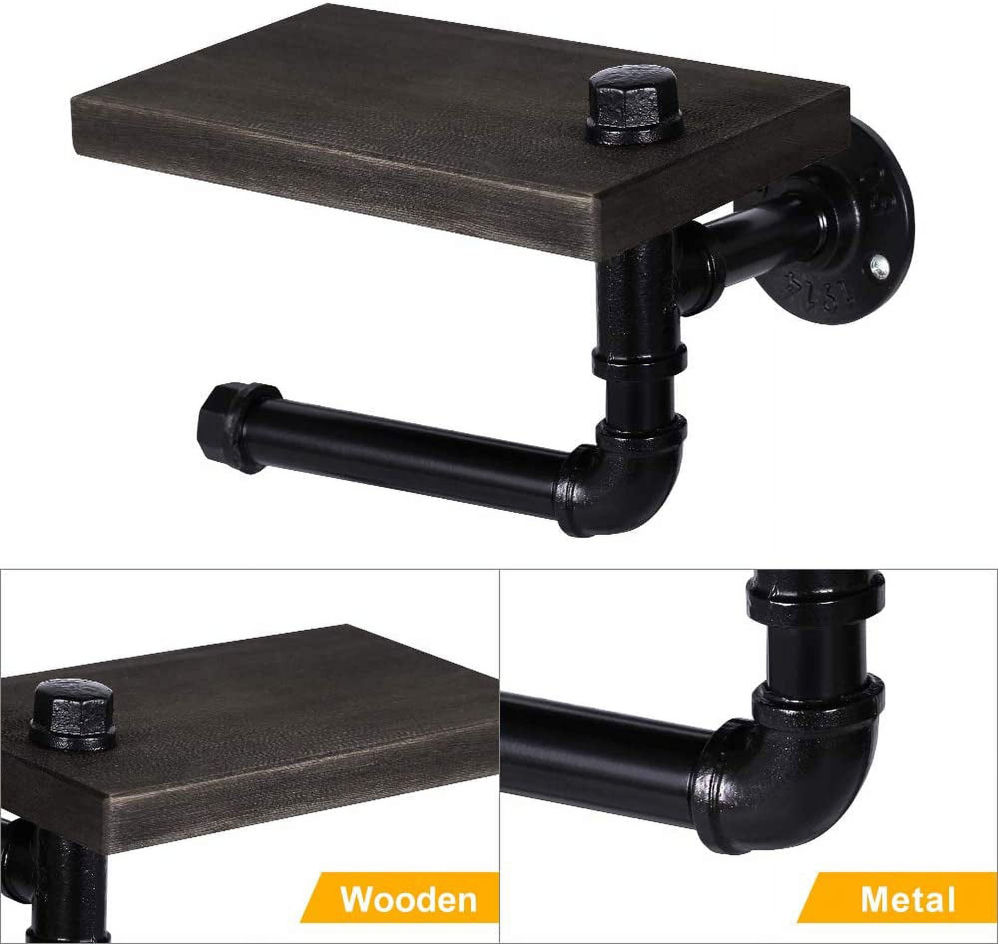 Excello Global Products Industrial Toilet Paper Holder with Rustic Wooden Shelf and Cast Iron Pipe