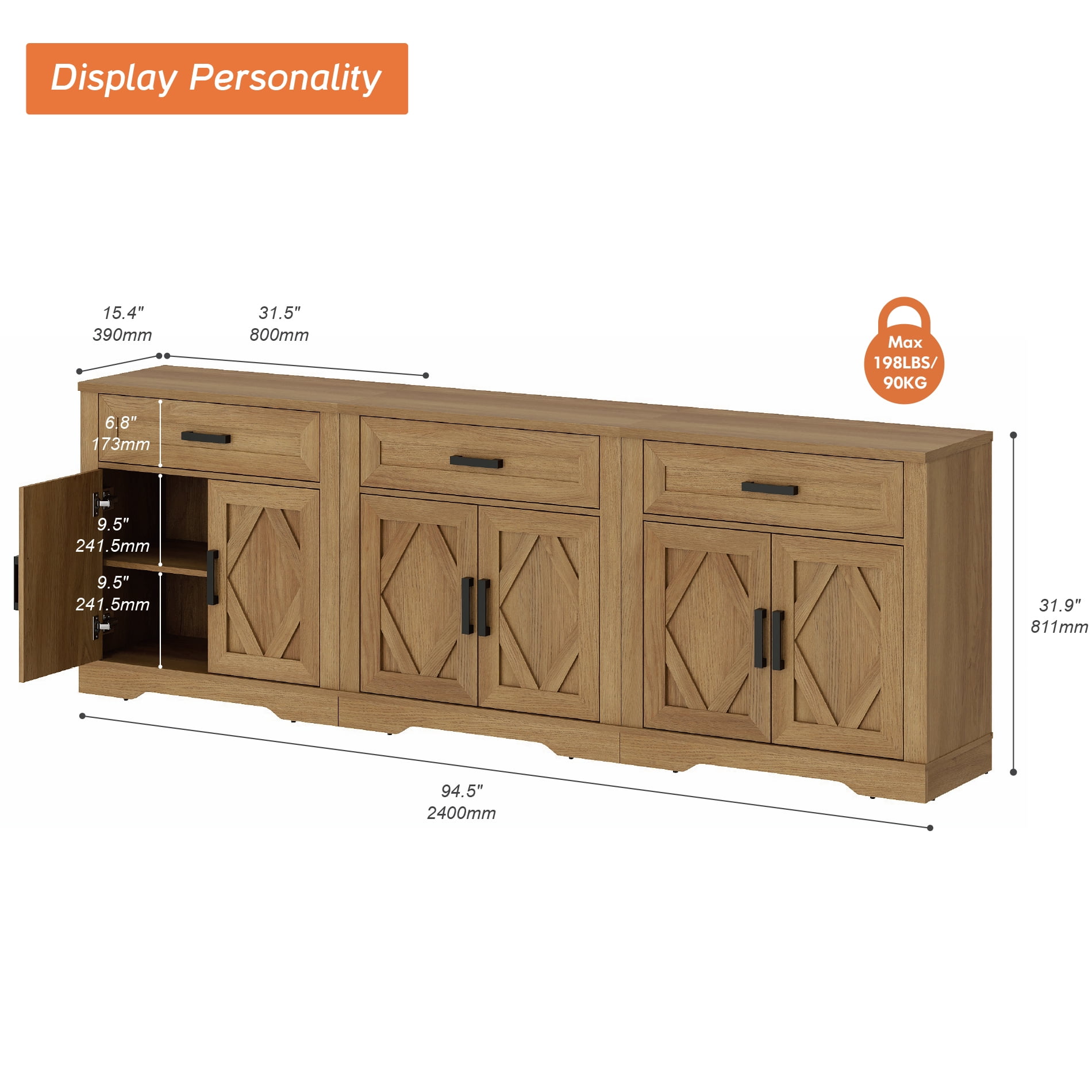 WAMPAT 94.5"W Farmhouse Buffet Sideboard with Barn Doors, Drawer & Storage, Light Oak