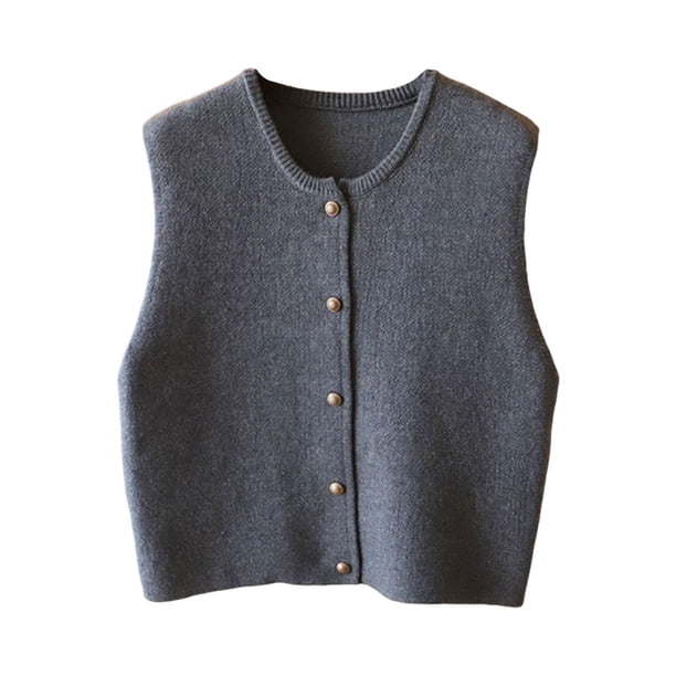 Chaleco de punto, ropa, cuello redondo, diseño retro, informal, con botones, moderno, camisetas sin mangas para Gris