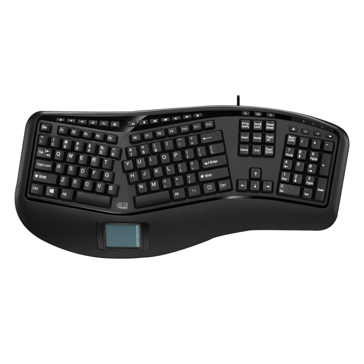 Adesso AKB-450UB Ergonomic Touchpad Keyboard Wired USB Split Key Design Built in Palm Rest 104 Keys 20 Internet Multimedia Hotkeys Quiet Membrane Switches for Windows PC Computer Black