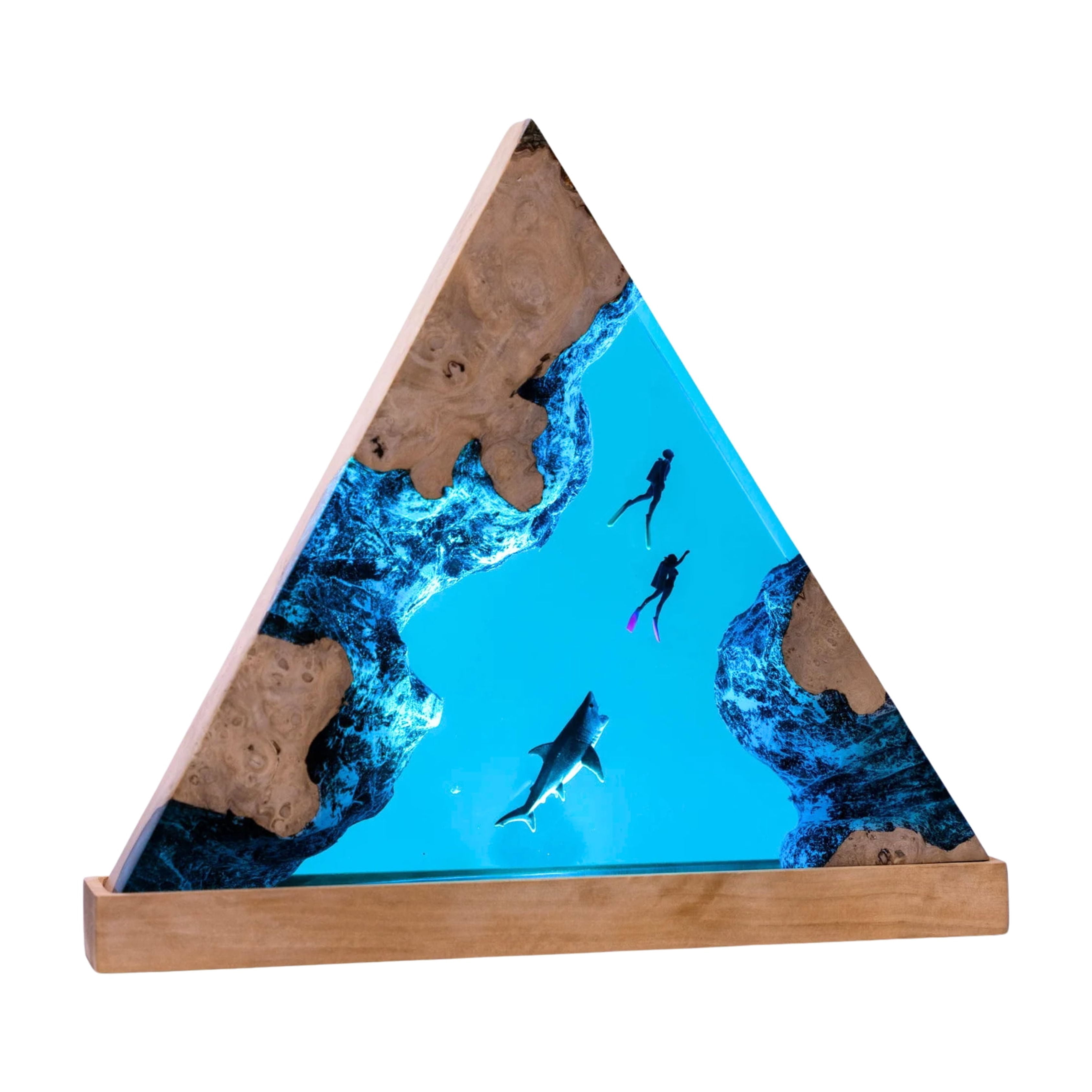 Scuba Diver Resin Wood Lamp – Handmade Ocean Epoxy Night Light with USB, Deep Sea Art Desk Lamp for Bedroom Home Decor