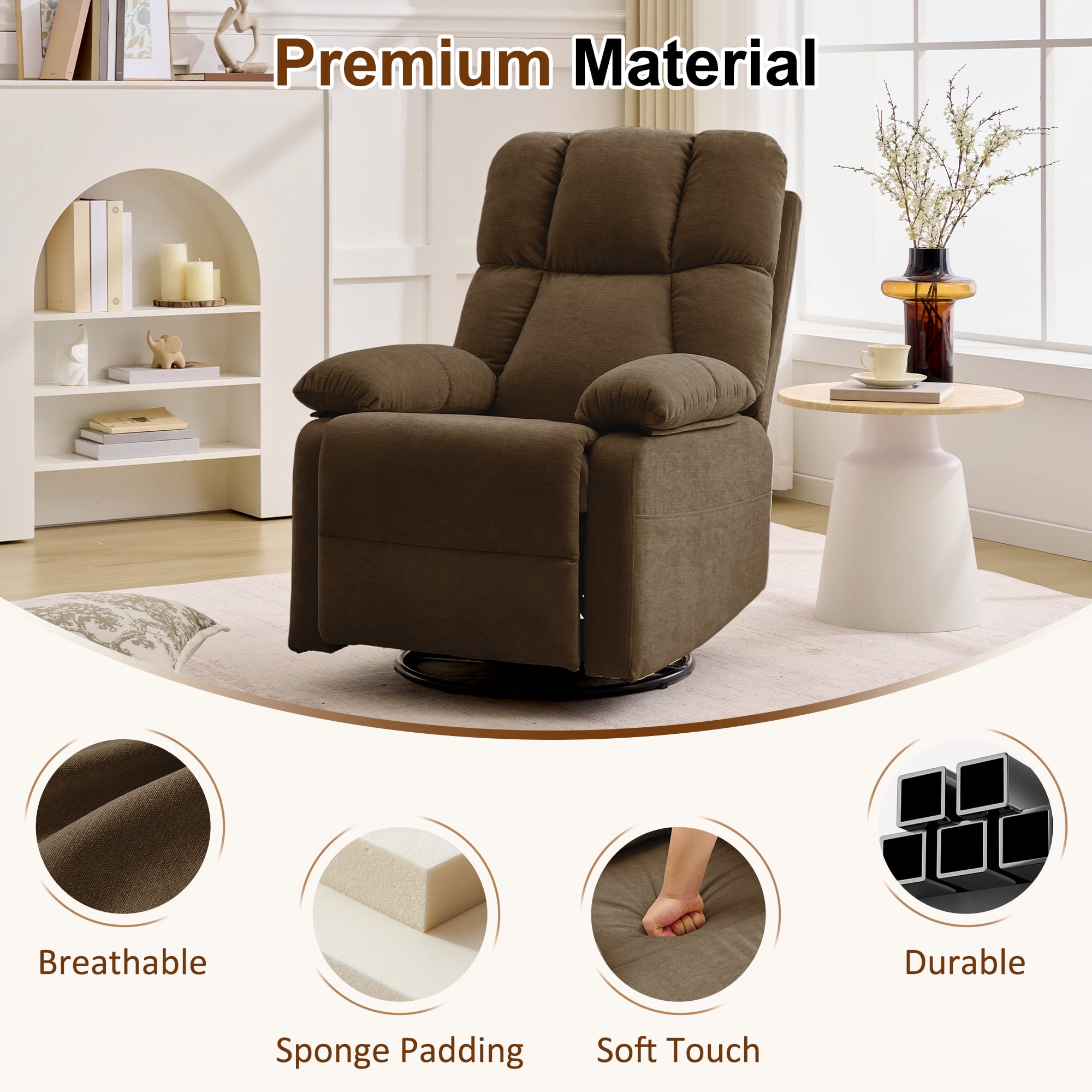 GEEYOO Swivel Rocker Recliner Chair for Adults,360°Swivel Nursery Recliner with Side Pockets,Small Recliner Chair for Small Spaces for Living Room,Linen,Brown