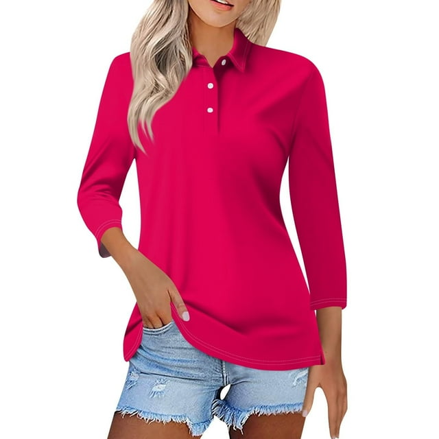 Liquidation! Polos Uooqdmx pour Femmes, Polo de Golf, Manches 3/4 Hauts pour Femmes, Hauts d'Été à Rayures, T-Shirts Basiques pour Femmes, Rouge Melon D\'eau TG