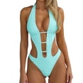 thumbnail image 2 of Sokhug Womens Solid Color Beaded Cutout One Piece Swimsuit Halter Tie Back Bikini Bathing Suit for Summer Beach Vacation, 2 of 4