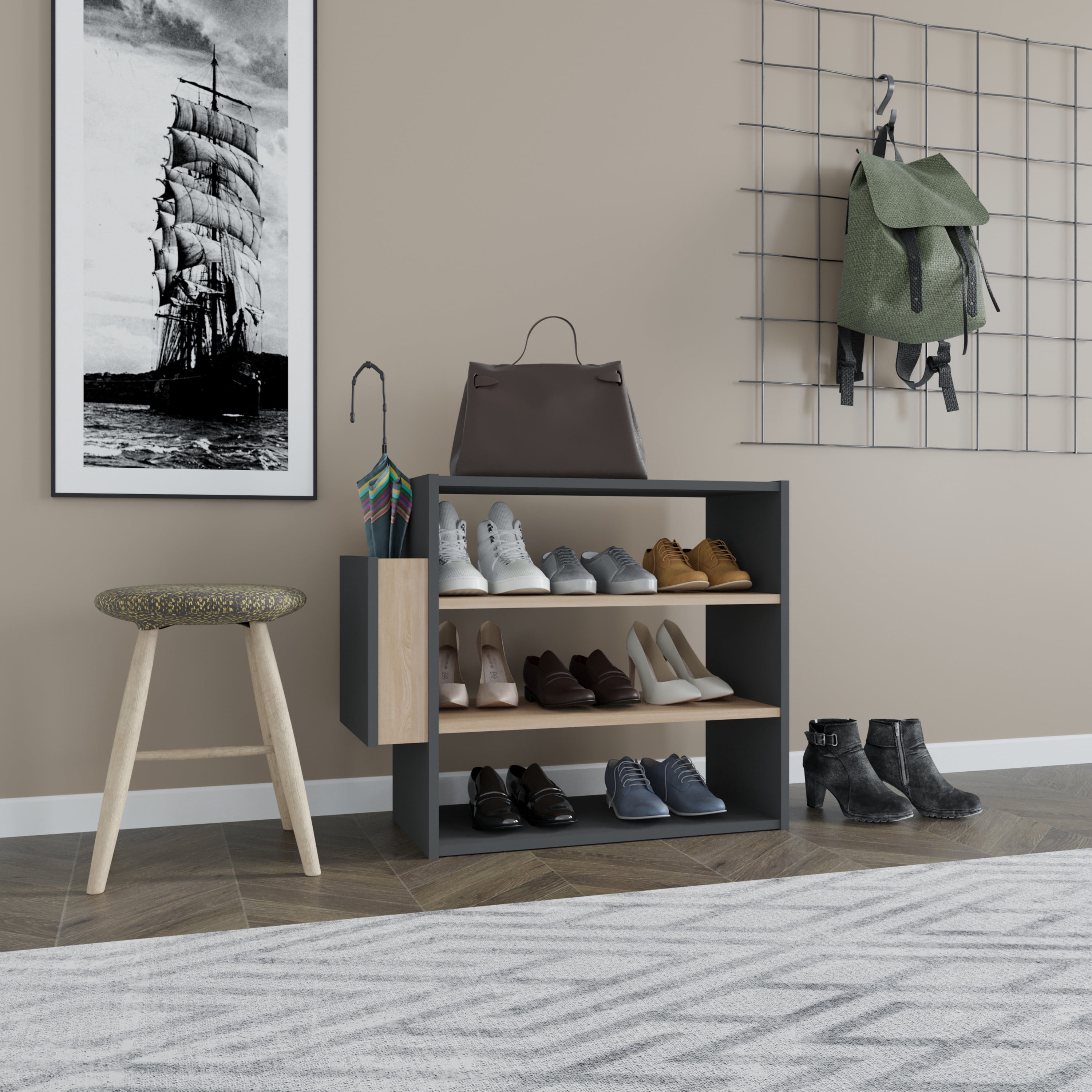 Ada Home Decor Furniture 3 Tier 9 Pair Anthracite Oak Manila Modern Shoe Rack