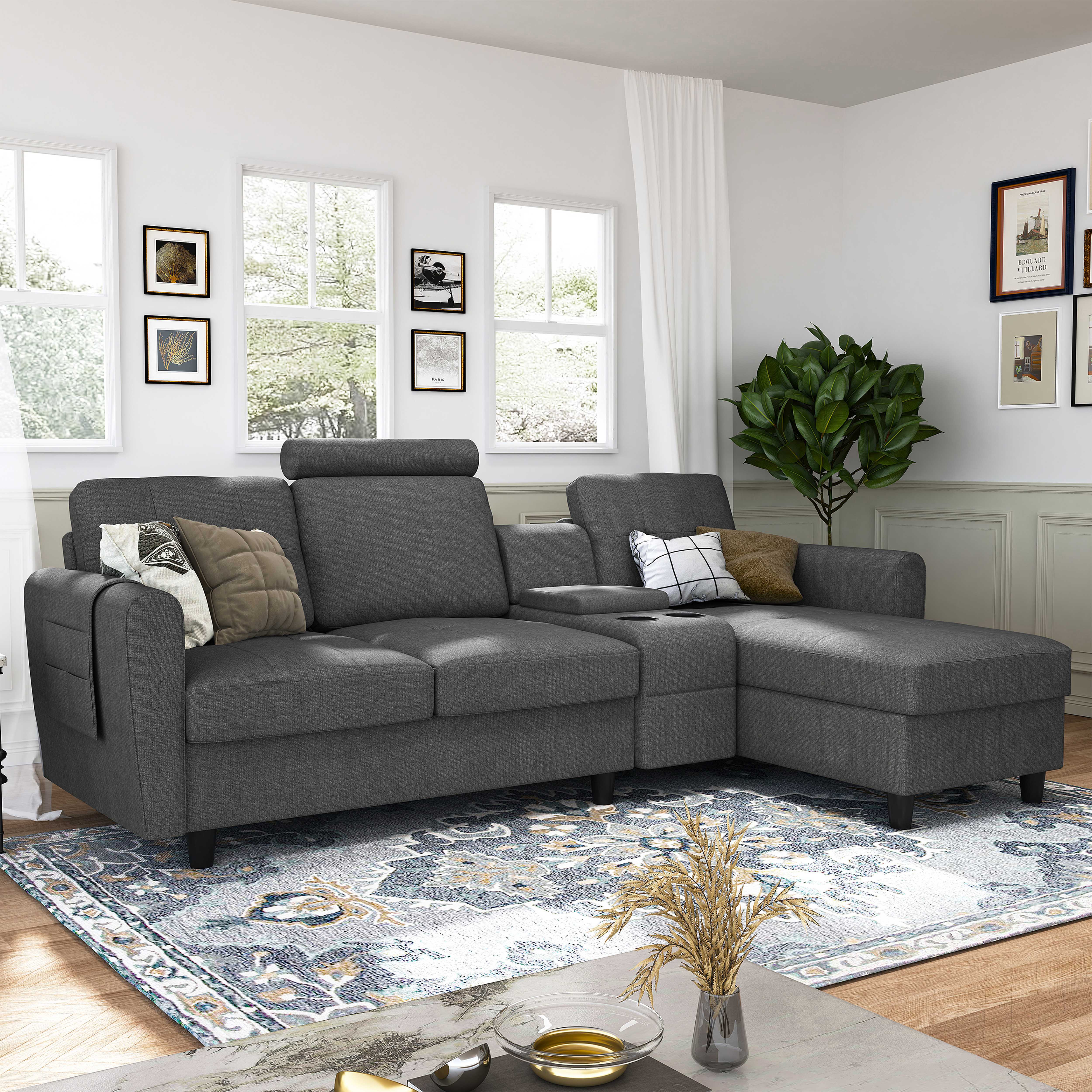 HONBAY Upholstered Fabric Sofa Couch Modern L-Shaped Reversible Sectional Sofa with Cup Holders & Storage Console for Living Room and Office, Dark Grey - image 3 of 10
