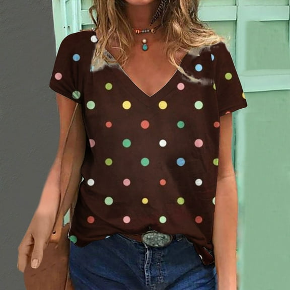Inverlee T Shirts Women V Neck Casual Short Sleeve Tops Cute Dot Print Shirts Flowy Vacation Tunic Blouse Tee Summer Fashion