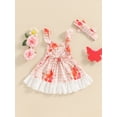 thumbnail image 6 of Michellecmm Little Girl 2 Piece Summer Outfit, V Neck Fly Sleeve A-Line Lace Trim Plaid Cami Dress Floral Headband Baby Toddler Set, 6 of 9