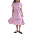 thumbnail image 2 of CUZIBR Child Kids Casual Dress Solid Color Short Sleeve Round Neck Tiered Ruffled High Waist A-Line Long-Length Summer Breathable Loose Fit Dresses Ruched Sundress,Purple,4-5 Years, 2 of 6
