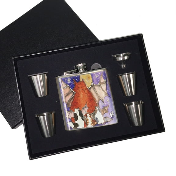 KuzmarK 6 oz. Stainless Steel Flask Set in Black Presentation Box -  Batty Kitty Family & Full Moon Halloween Cat Art by Denise Every